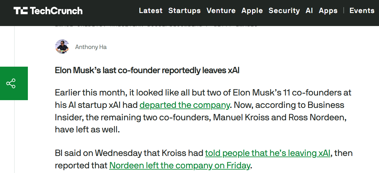 马斯克旗下xAI最后一位联合创始人离职