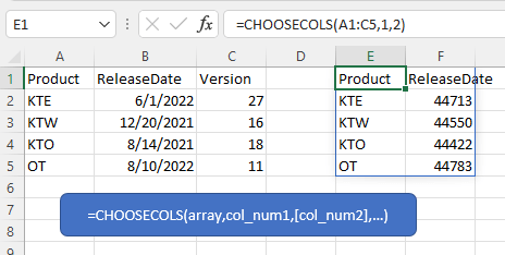 展示 CHOOSECOLS 函数的用法