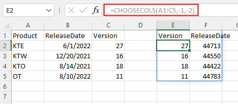 展示 CHOOSECOLS 函数的用法