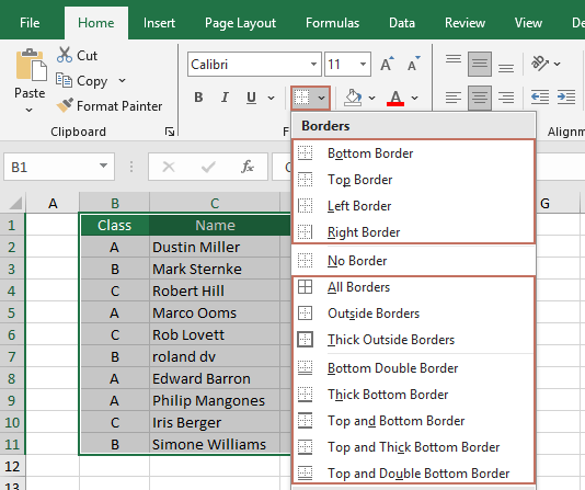 在“开始”选项卡下选择一种边框样式