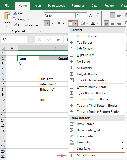从“开始”选项卡中选择“其他边框”