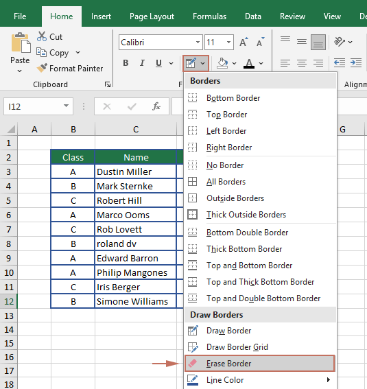 从“开始”选项卡中选择“擦除边框”