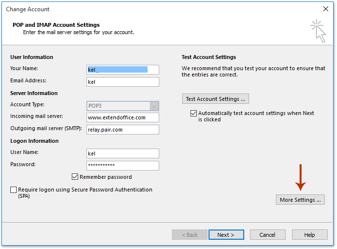 关于在 Outlook 中查找 POP3/IMAP 邮箱账户端口号的第 2 步截图