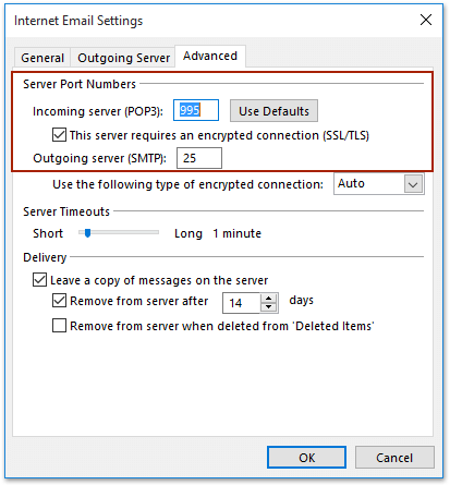 关于在 Outlook 中查找 POP3/IMAP 邮箱账户端口号的第 3 步截图