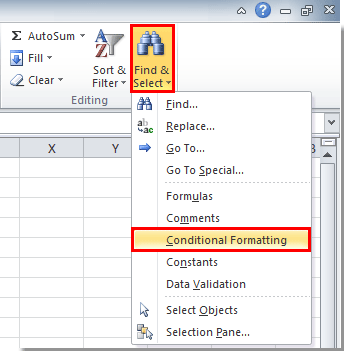 Excel 中“查找和选择”菜单的截图，突出显示“条件格式”选项
