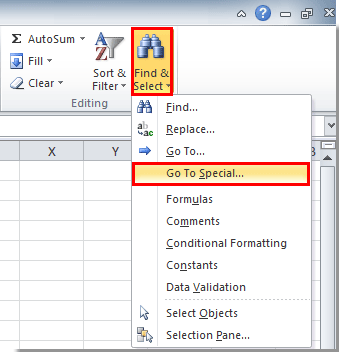 Excel 中“查找和选择”菜单的截图，突出显示“定位条件”选项
