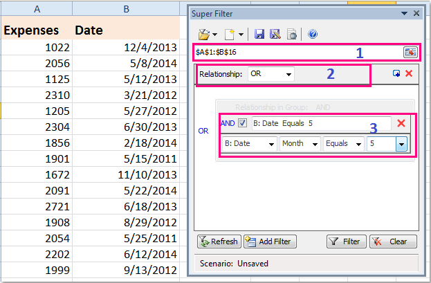 使用 Kutools for Excel 配置按月份筛选日期（忽略年份）的截图