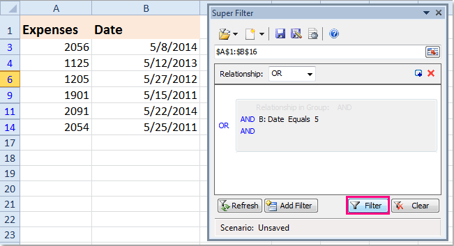 使用 Kutools for Excel 开始筛选按月份筛选日期（忽略年份）的截图