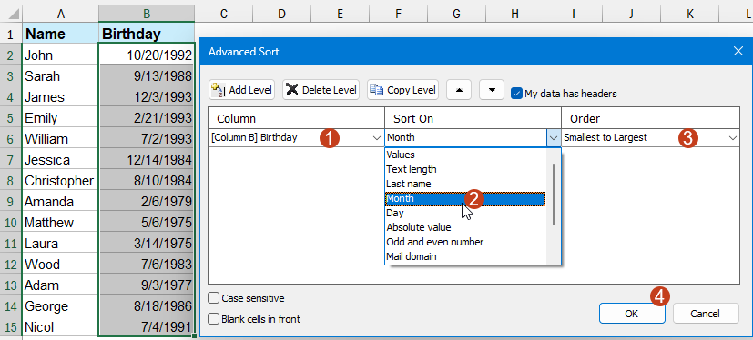 在“高级排序”对话框中指定选项