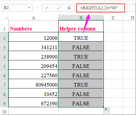 一张截图，展示在 Excel 中应用辅助列公式以识别以 00 结尾的数字