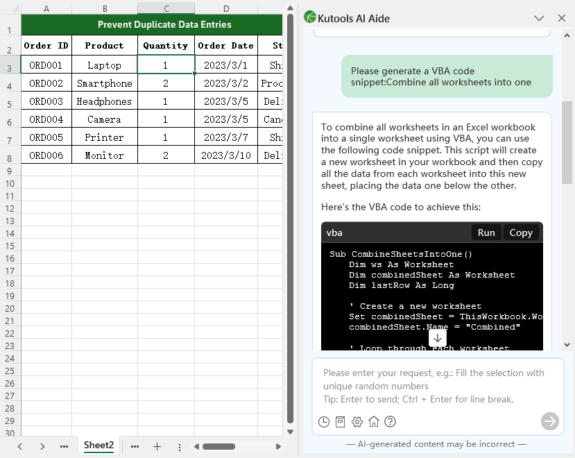 显示Excel中kutools人工智能助手的截图
