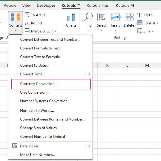 点击 Kutools 的货币转换功能
