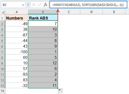 使用 XMATCH 和 SORT 函数按绝对值对数据进行排名