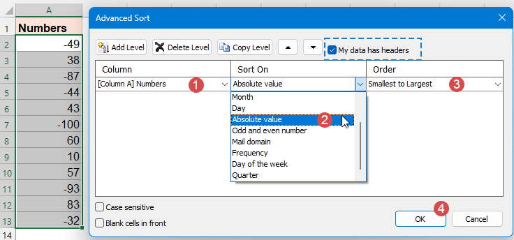 在对话框中配置排序设置