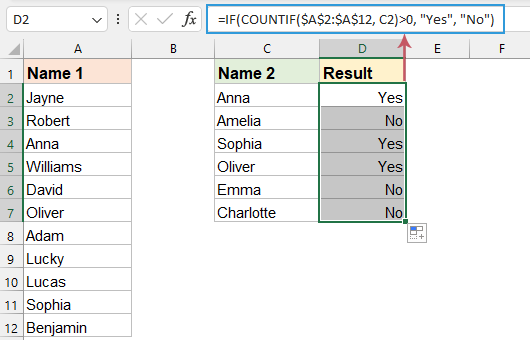 一张截图，显示用于检查 Excel 中两列值匹配情况的公式结果