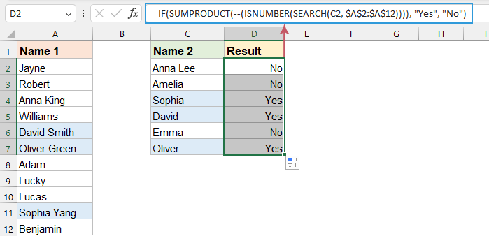 一张使用公式比较两个 Excel 列所得部分匹配结果的截图。