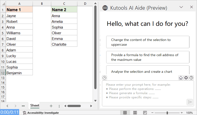一个 GIF 动图，展示 Kutools AI Aide 在 Excel 中高亮显示另一列中找到的值