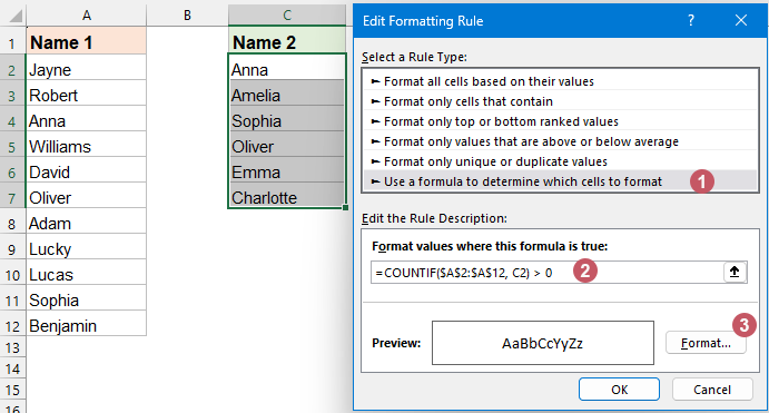 一张条件格式对话框截图，其中已输入用于匹配 Excel 中值的公式