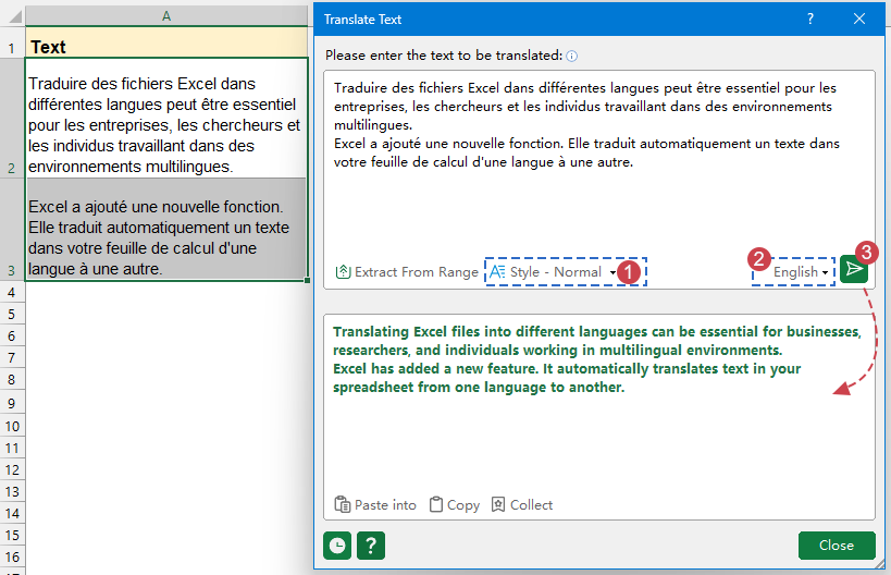 在对话框中指定选项以获取翻译结果