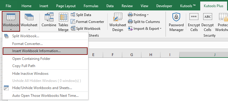 Excel 中 Kutools Plus 选项卡内的“插入工作簿信息”选项的截图