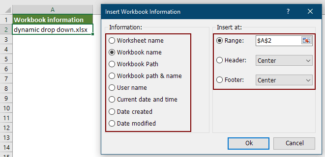 显示使用 Excel 中的“插入工作簿信息”工具将文件名插入单元格的截图