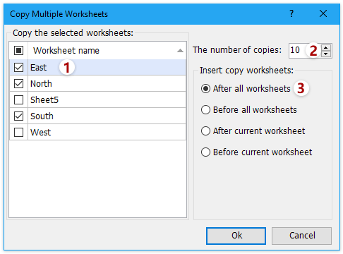 在“复制多个工作表”对话框中应用设置