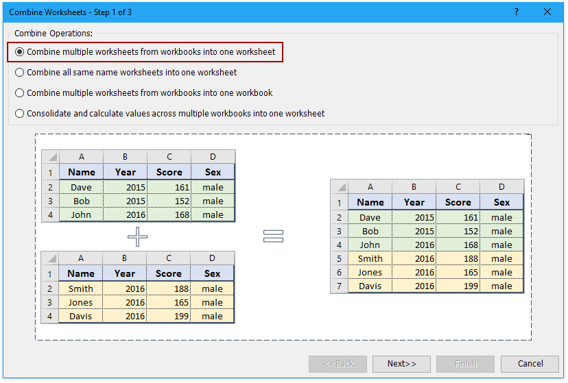 勾选“将多个工作簿中的工作表合并到一个工作表中”选项
