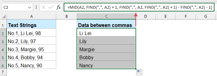 使用公式提取逗号之间的数据
