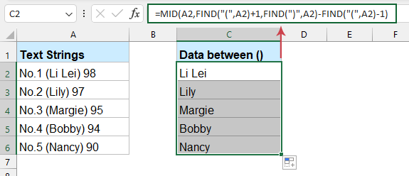 使用公式提取括号或圆括号之间的数据