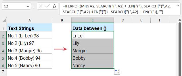 使用 Kutools 提取字符之间的文本