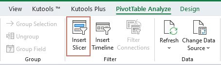 Excel 中“数据透视表分析”选项卡的截图，显示“插入切片器”选项