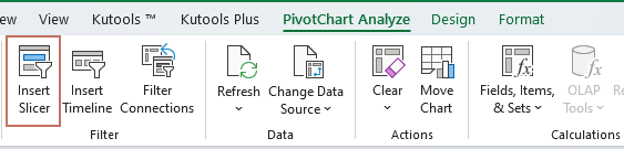 Excel 中“数据透视图分析”选项卡的截图，显示“插入切片器”选项