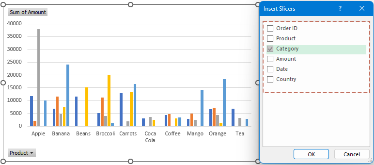 用于数据透视图的 Excel“插入切片器”对话框截图