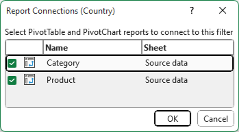 用于将切片器链接到多个数据透视表的 Excel“报表连接”对话框截图