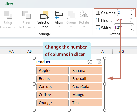 展示 Excel 中用于将切片器项目排列为多列的“列数”选项的截图