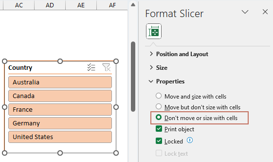 展示 Excel 中“设置切片器格式”窗格，并已选中“不随单元格改变位置和大小”选项的截图