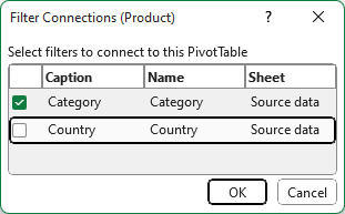 用于断开切片器连接的 Excel“筛选器连接”对话框截图