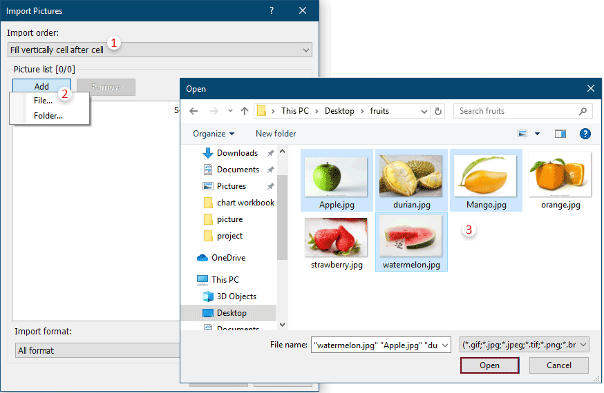 在“导入图片”对话框中添加图片的截图
