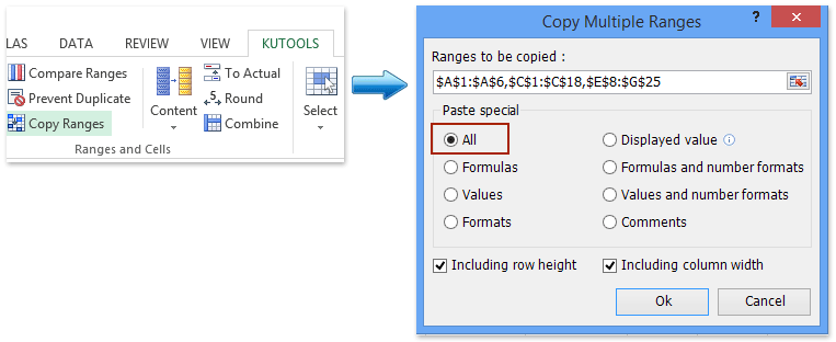 启用并配置 Kutools for Excel 的“复制多个区域”功能的截图