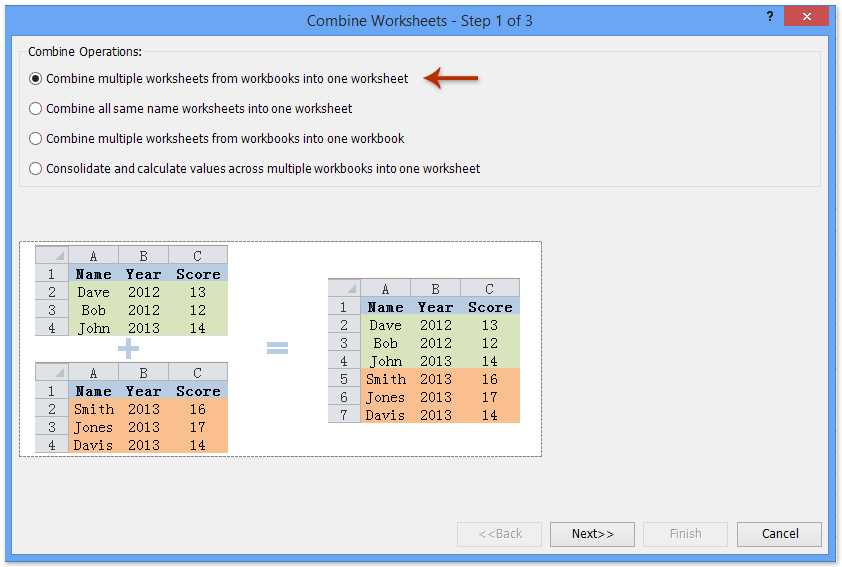 在“合并工作表”向导中选择“将工作簿中的多个工作表合并为一个工作表”选项的截图
