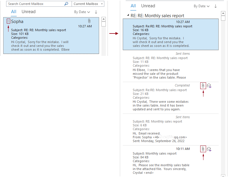 在 Outlook 中获取邮件链或邮件线程附件的步骤