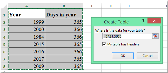 在“创建表”对话框中设置选项