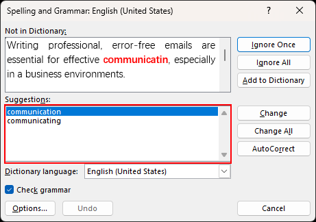 拼写和语法对话框