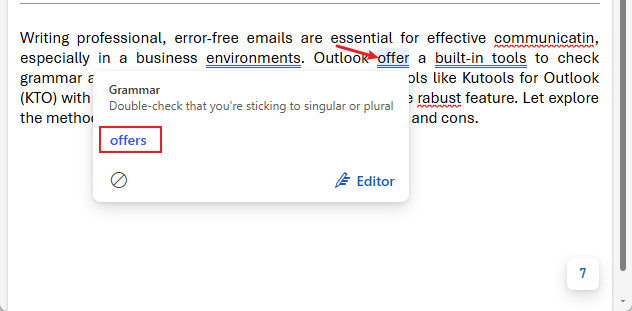 新 Outlook 中显示语法建议的下拉菜单