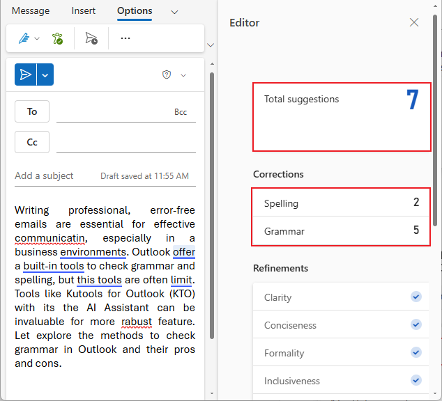 新 Outlook 中编辑器窗格显示拼写和语法类别