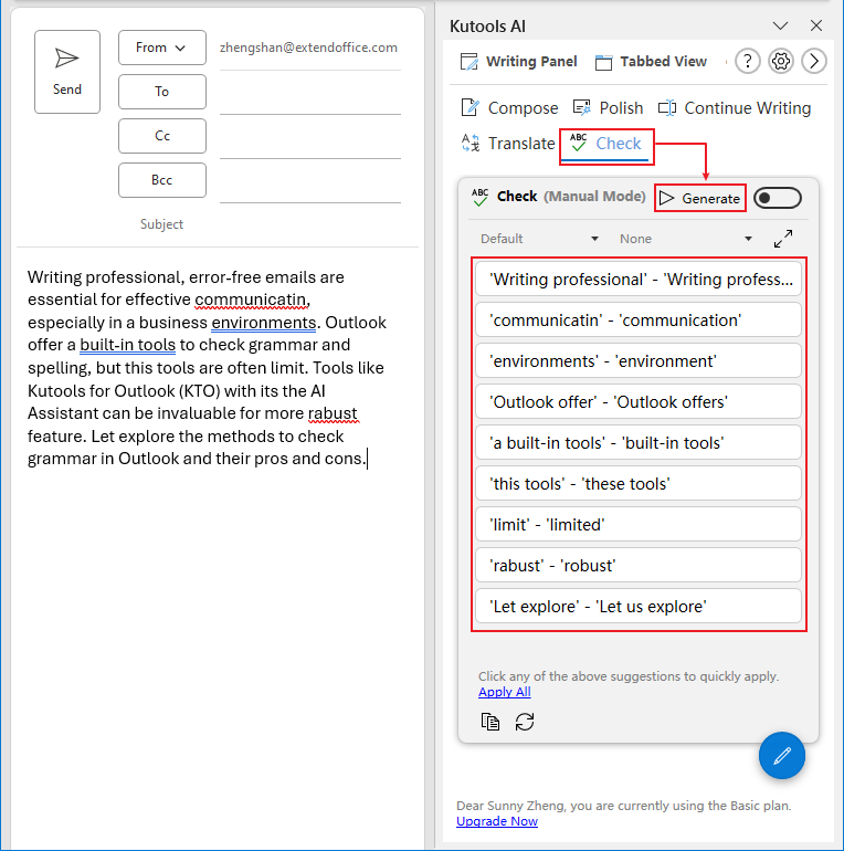 Kutools AI 窗格显示语法和拼写问题