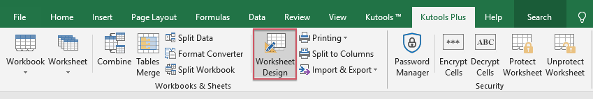 Excel 中 Kutools Plus 选项卡内的“工作表设计”功能截图