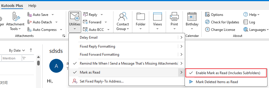 启用自动将已删除邮件标记为已读