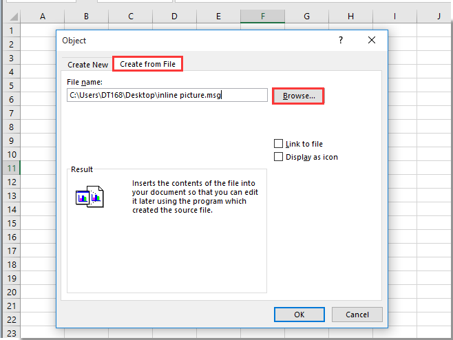 Excel 中用于嵌入已保存为文件的 Outlook 电子邮件的“对象”对话框截图