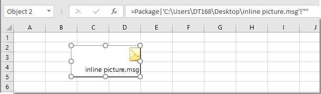 在 Excel 中嵌入 Outlook 电子邮件且公式栏中显示文件路径的截图